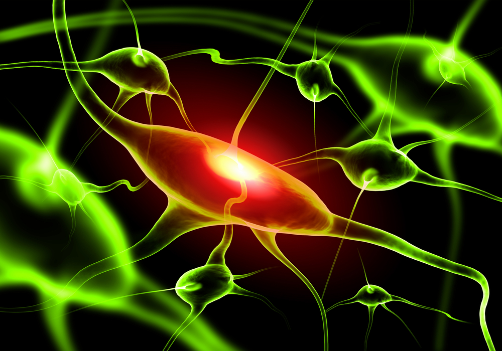 Illustration of a nerve cell on a colored background with light effects